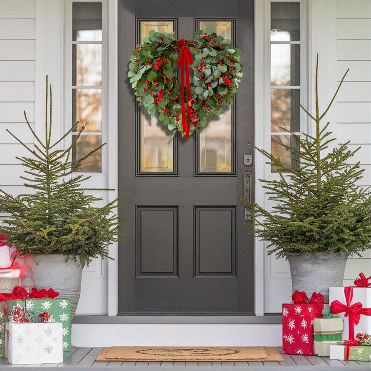 24" Christmas Wreath with Red Berries, Pinecones & Lights