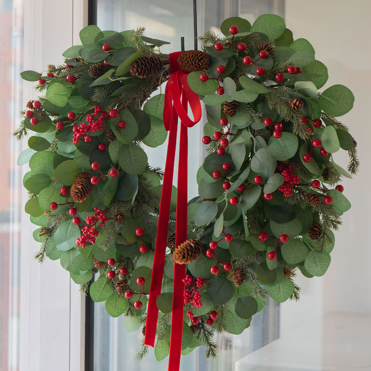 24" Christmas Wreath with Red Berries, Pinecones & Lights
