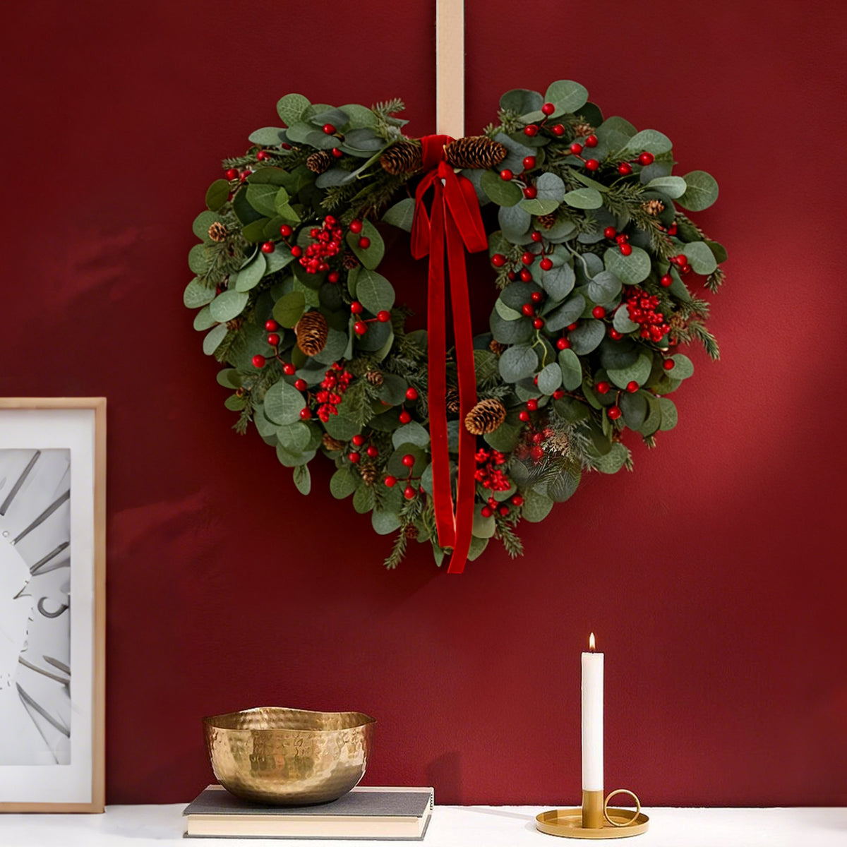24" Christmas Wreath with Red Berries, Pinecones & Lights