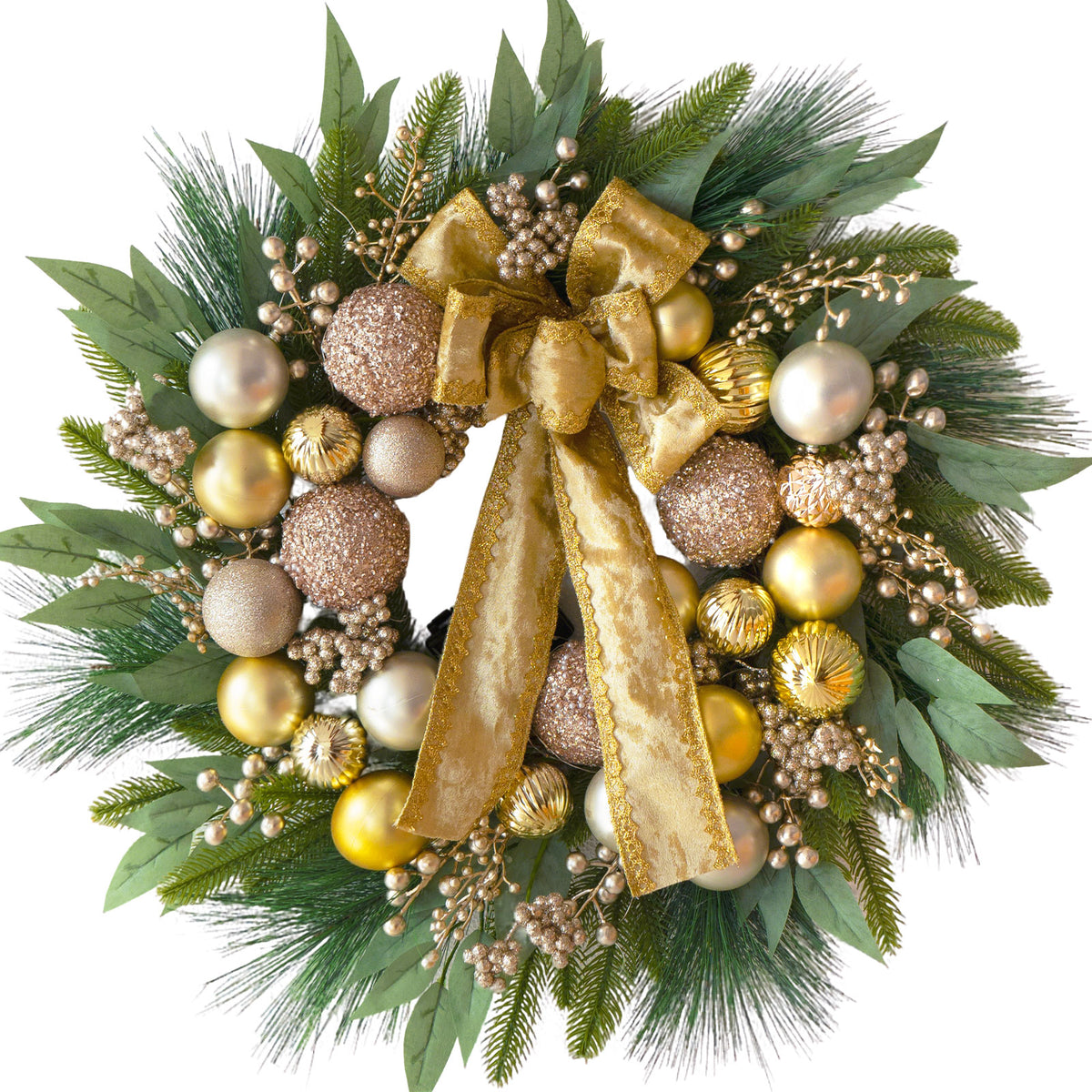 24-inch lighted Christmas wreath with gold ornaments, pinecones and a gold bow