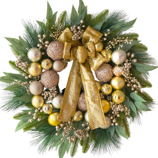 24-inch lighted Christmas wreath with gold ornaments, pinecones and a gold bow