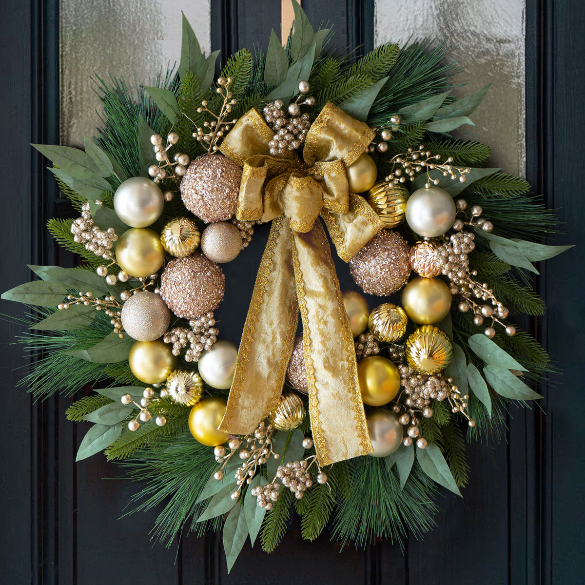 24" Lit Christmas Wreath with Gold Ornaments & Bow