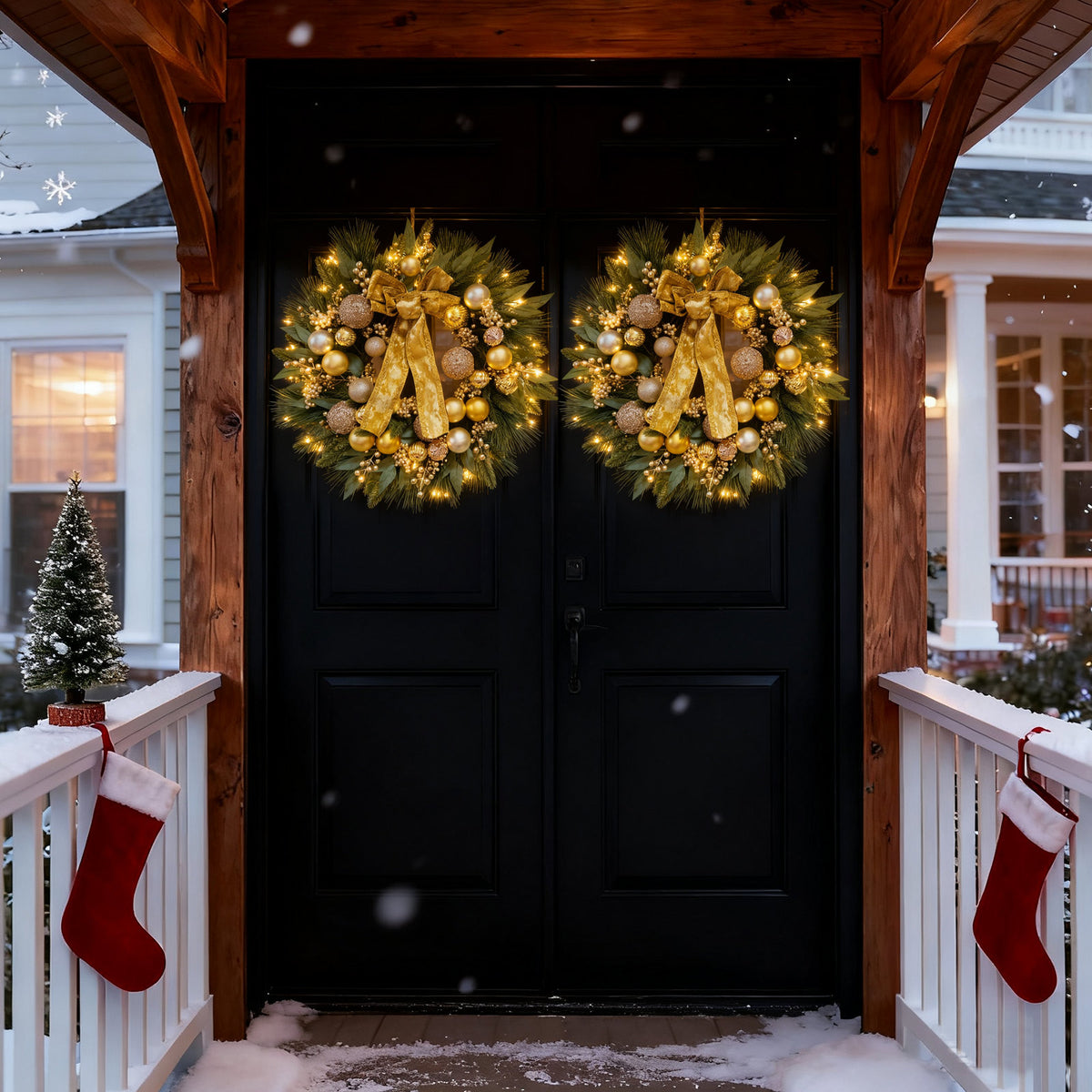 24" Lit Christmas Wreath with Gold Ornaments & Bow