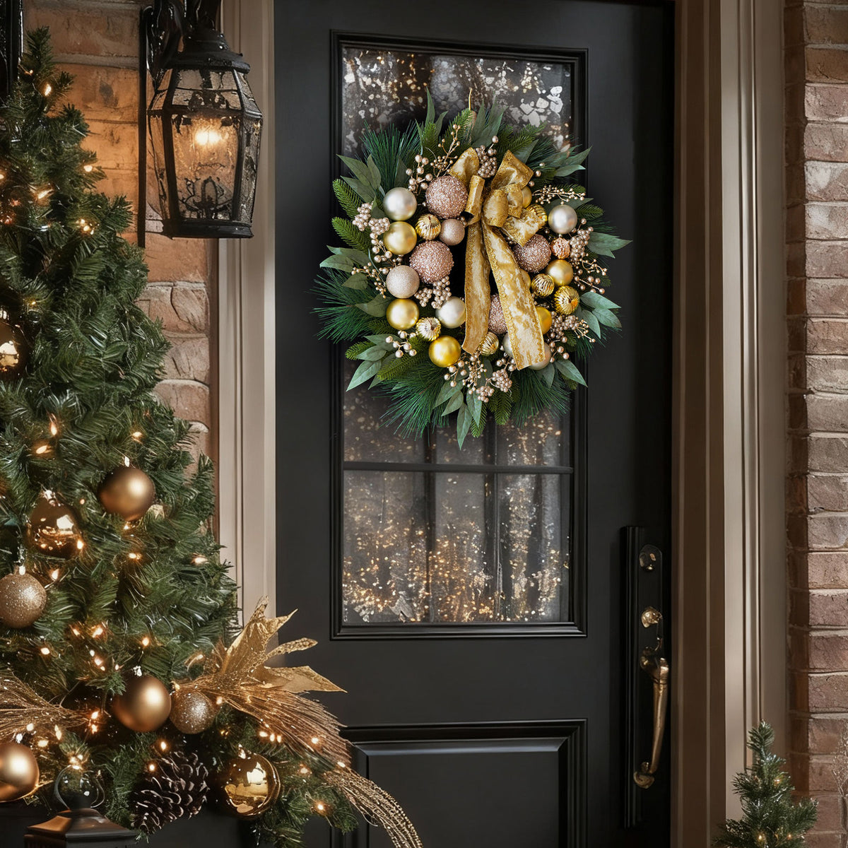 24" Lit Christmas Wreath with Gold Ornaments & Bow