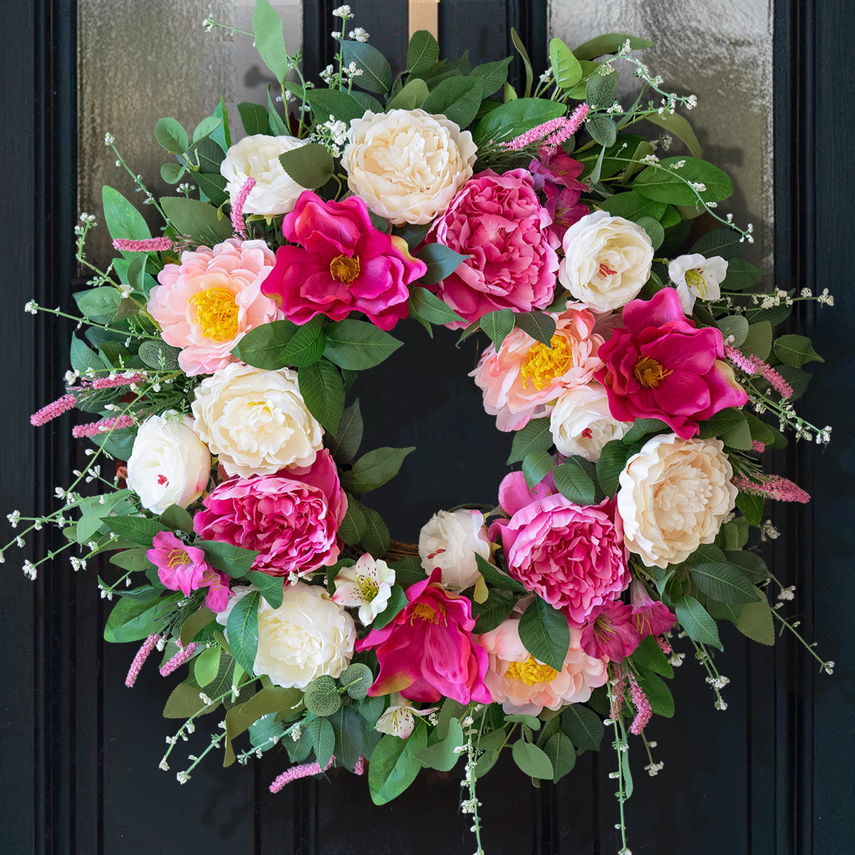 24" Pink & Cream Peony Rose Spring Wreath