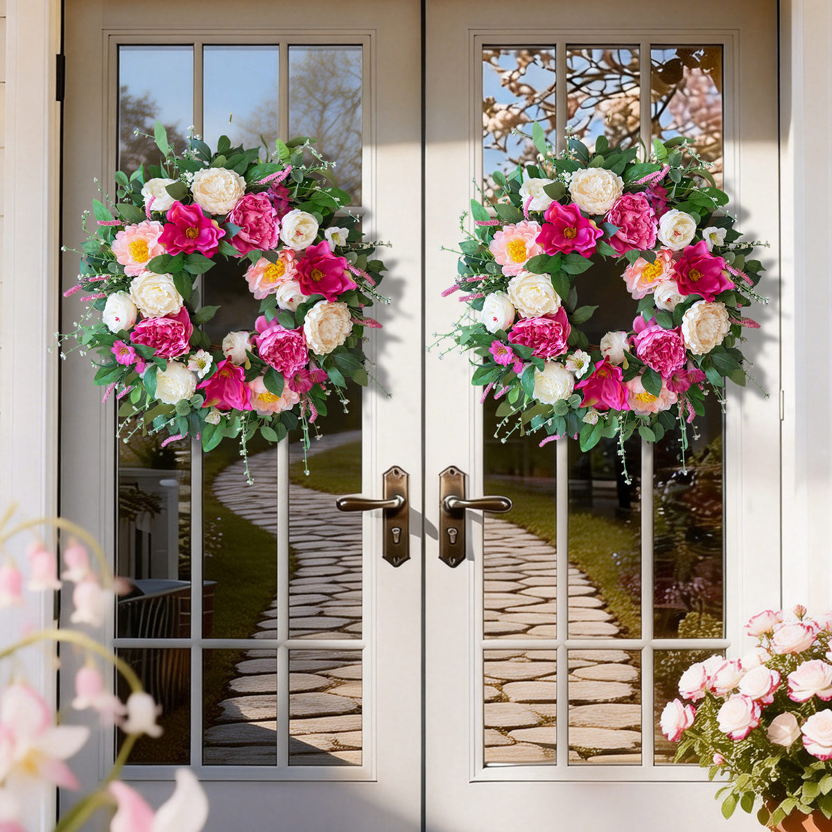 24" Pink & Cream Peony Rose Spring Wreath