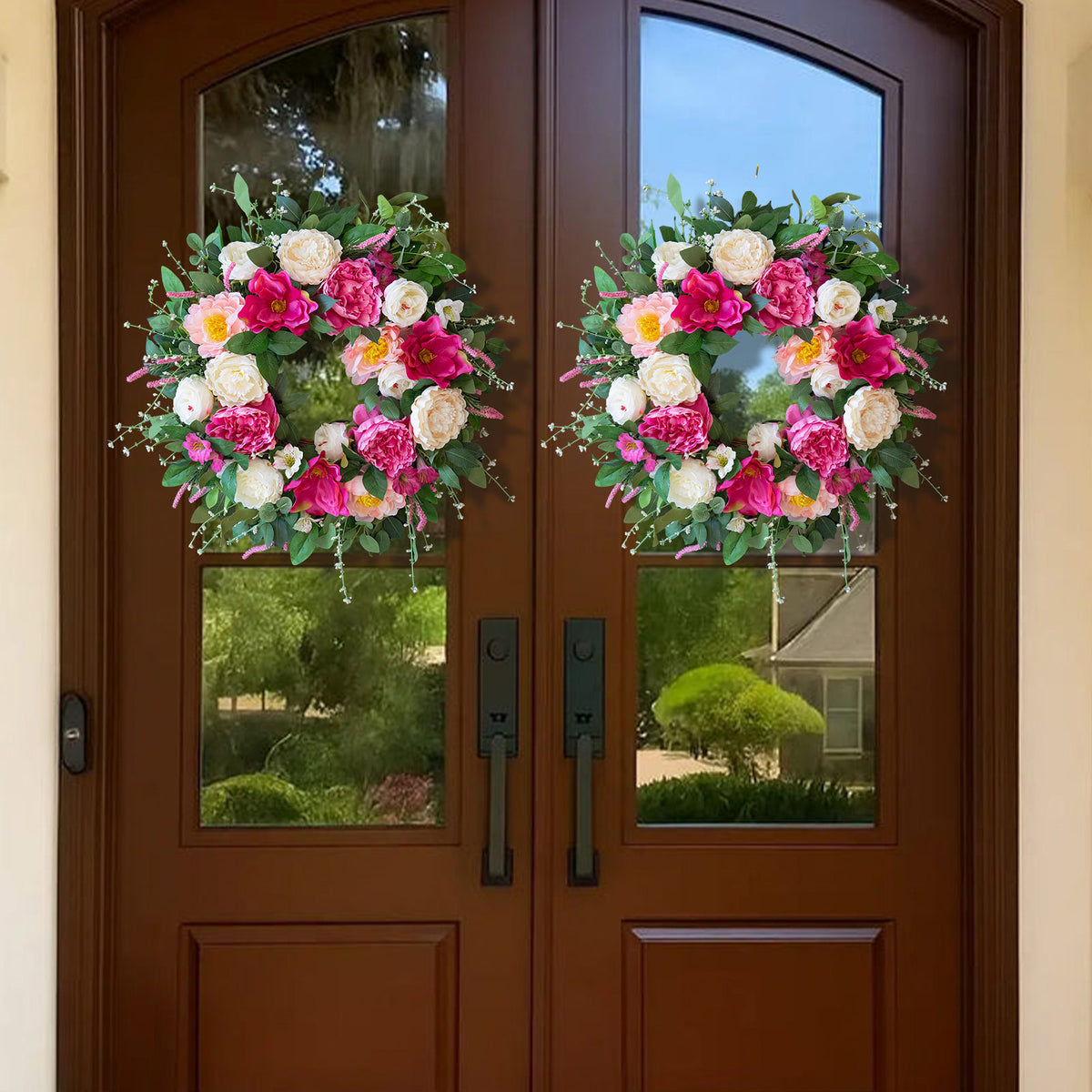 24" Pink & Cream Peony Rose Spring Wreath