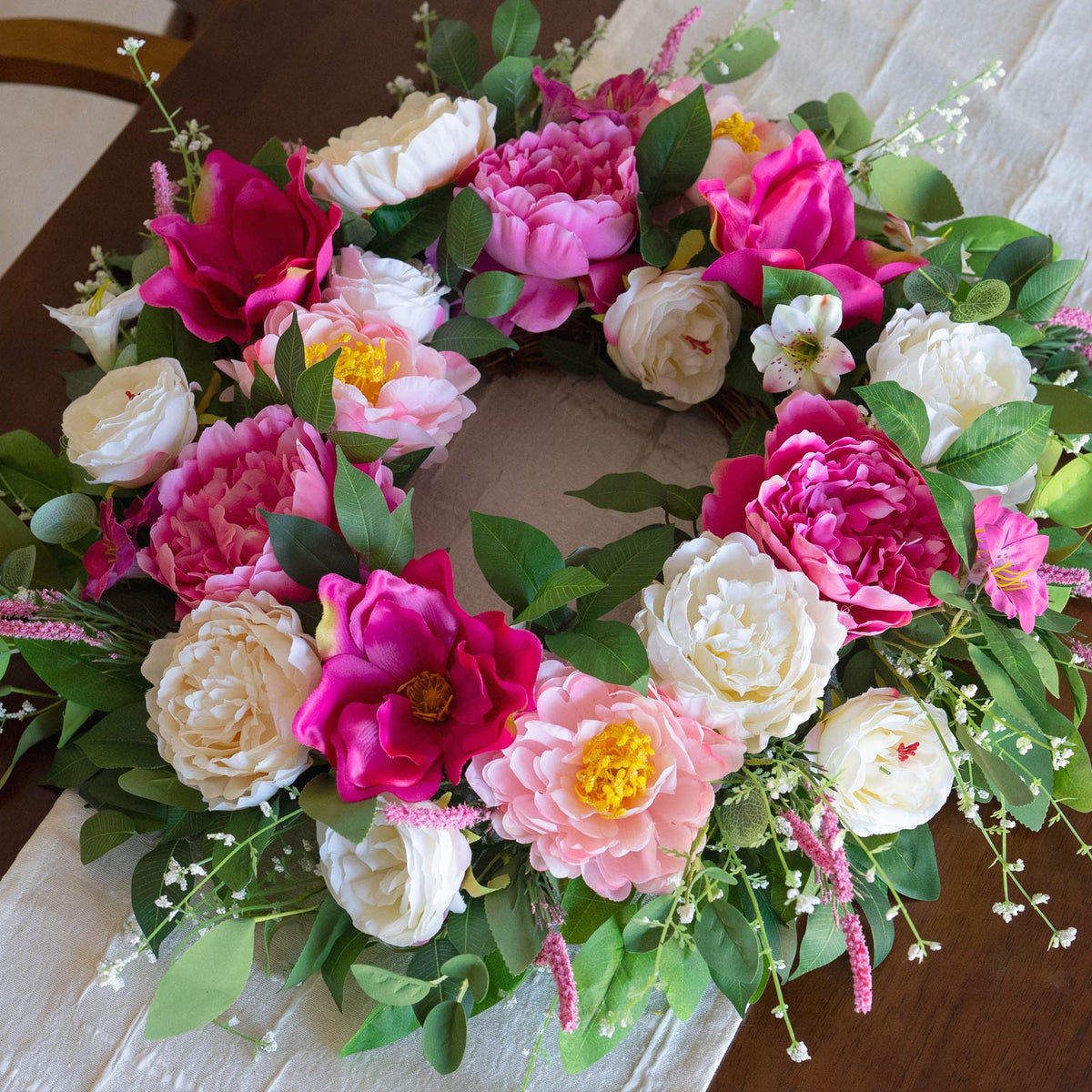 24" Pink & Cream Peony Rose Spring Wreath