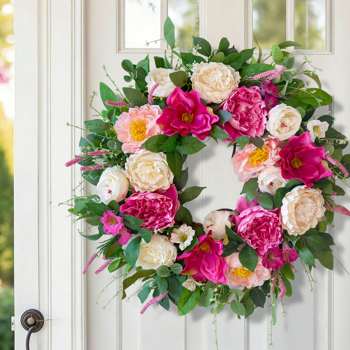 24" Pink & Cream Peony Rose Spring Wreath
