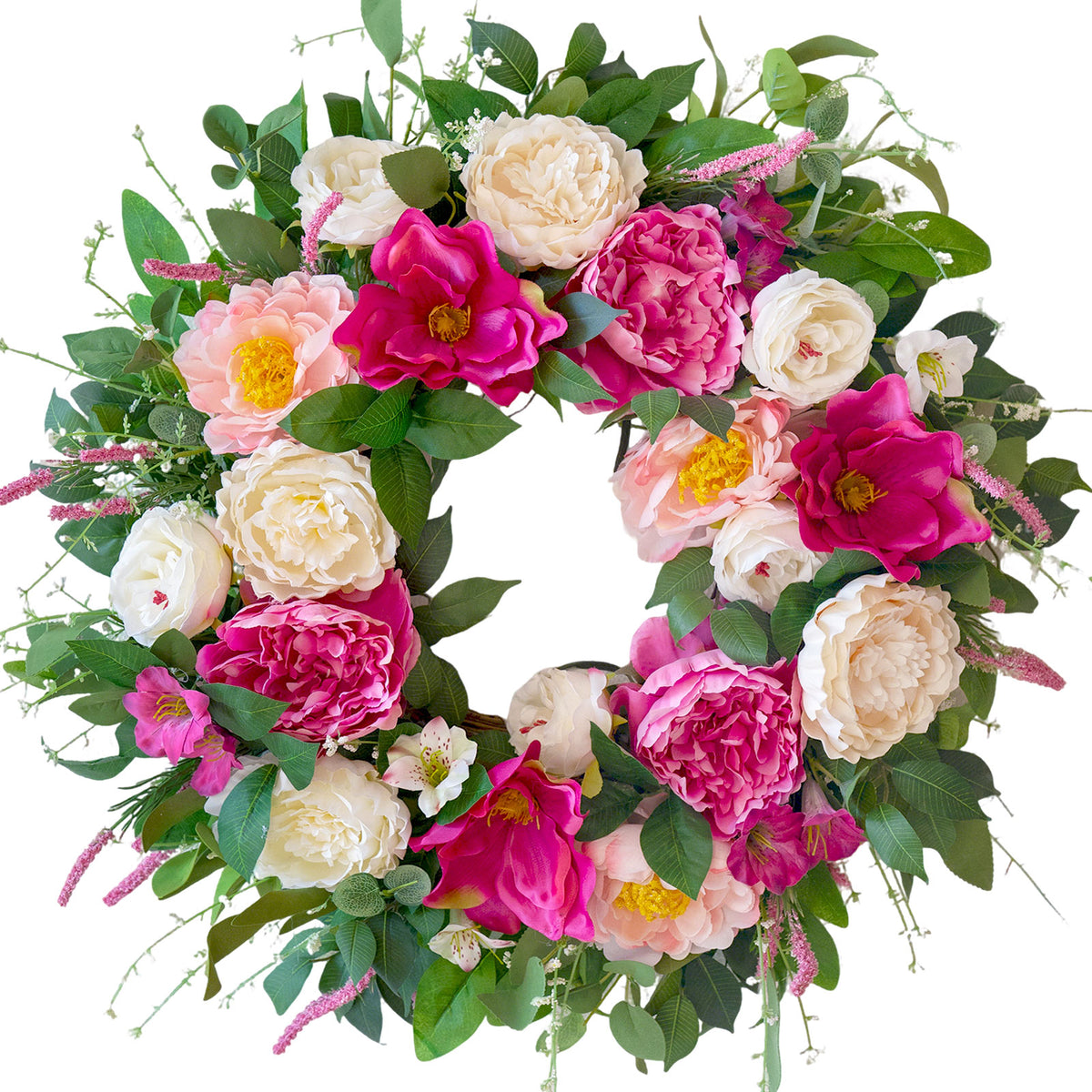 24-inch spring wreath with pink and cream peonies, roses and greenery