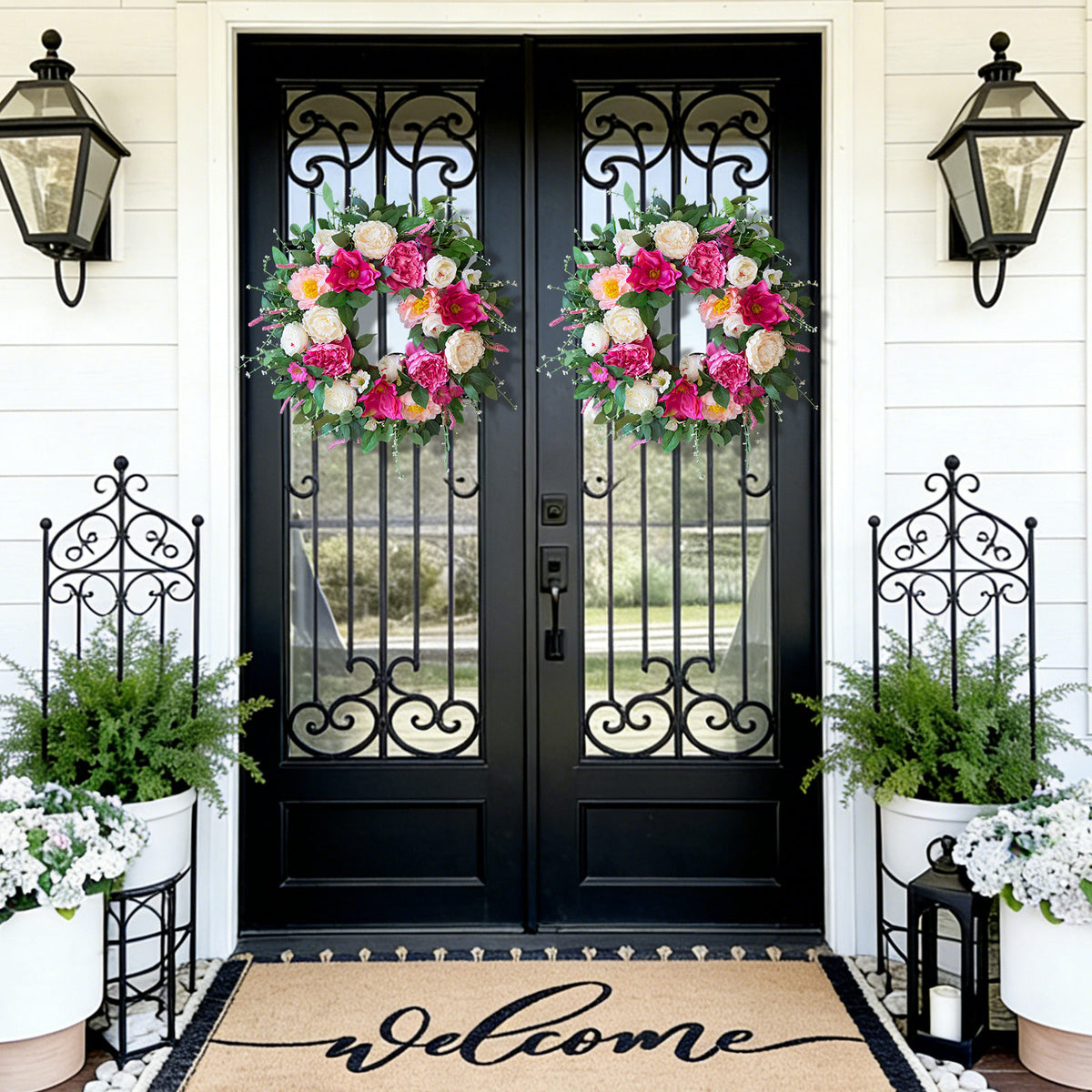 24" Pink & Cream Peony Rose Spring Wreath