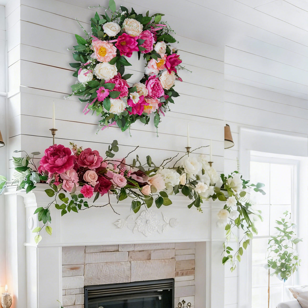 24" Pink & Cream Peony Rose Spring Wreath