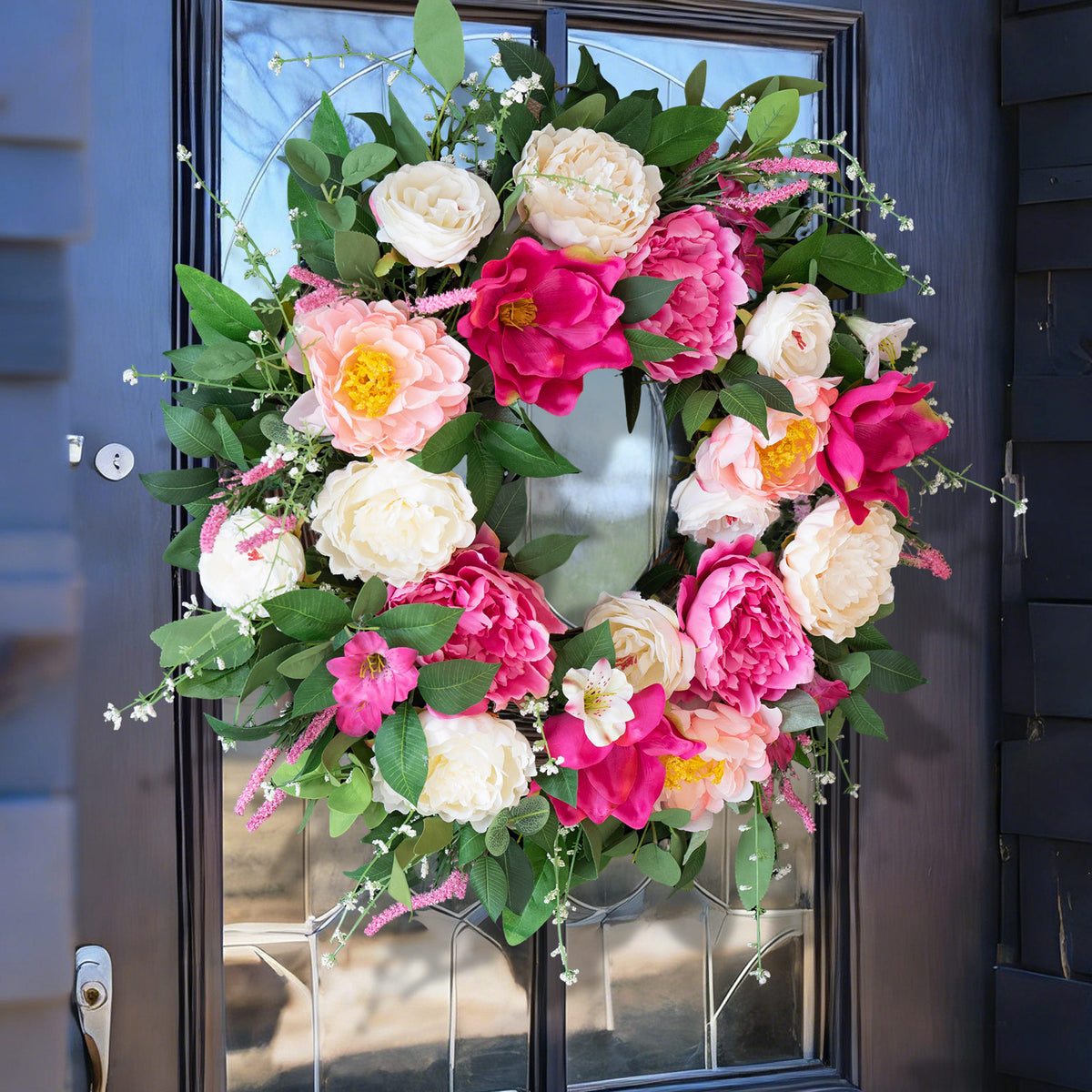 24" Pink & Cream Peony Rose Spring Wreath