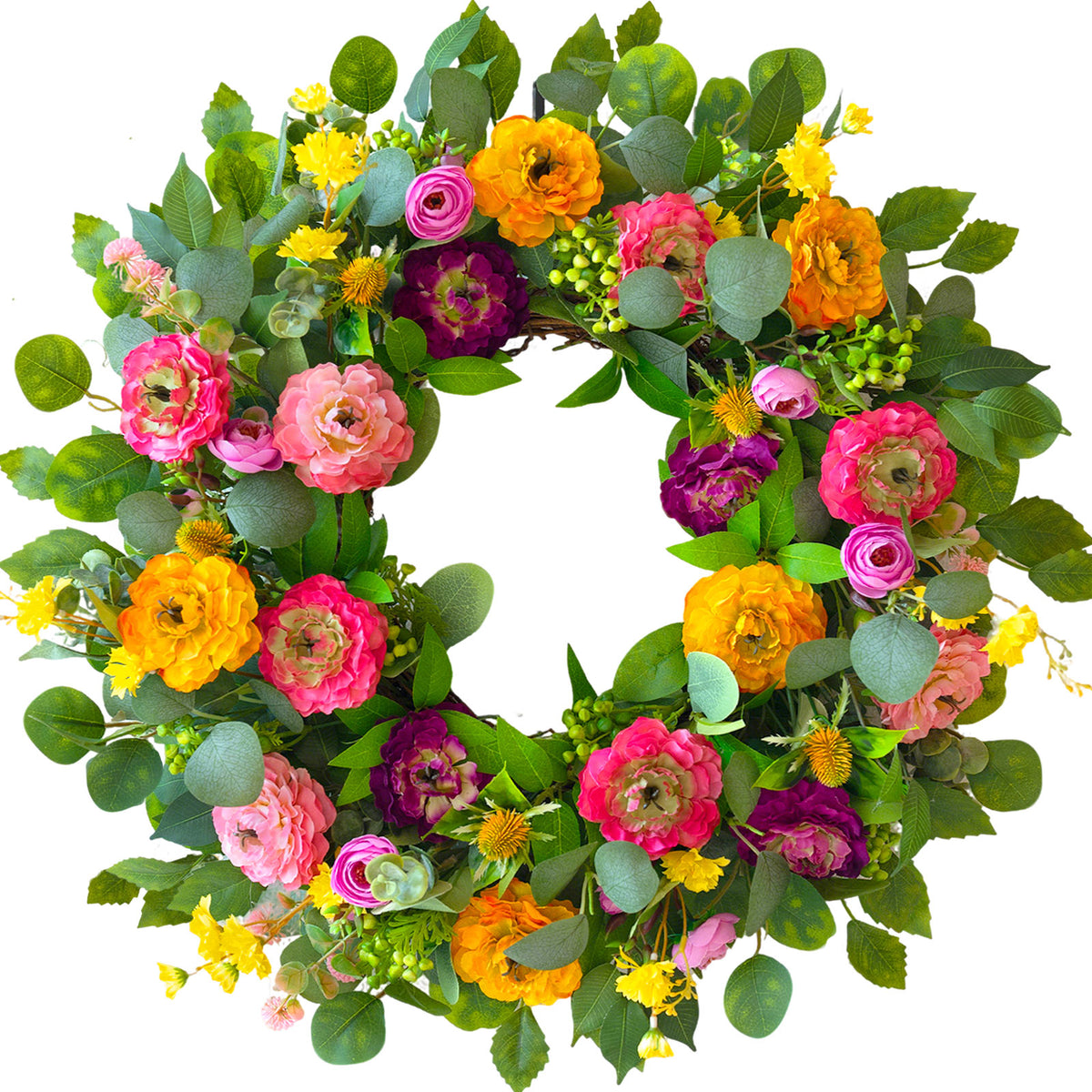 24-inch spring wreath with peony- and rose-style blooms and eucalyptus greenery