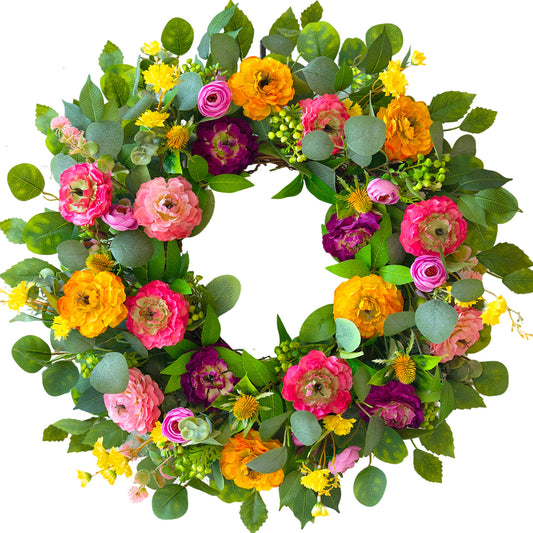 24-inch spring wreath with peony- and rose-style blooms and eucalyptus greenery