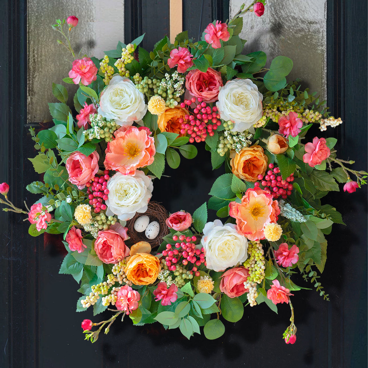 24" Rose & Eucalyptus Spring Wreath with Bird Nest