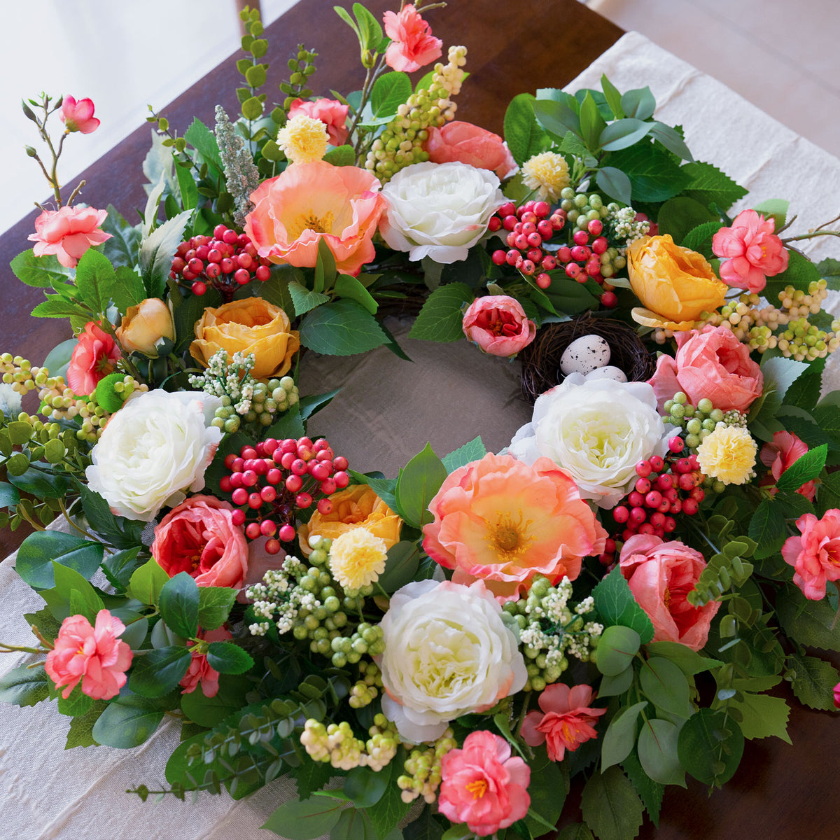 24" Rose & Eucalyptus Spring Wreath with Bird Nest