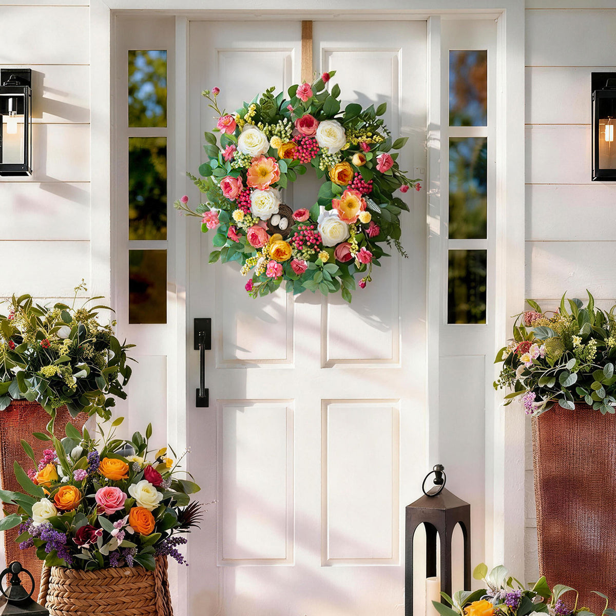 24" Rose & Eucalyptus Spring Wreath with Bird Nest