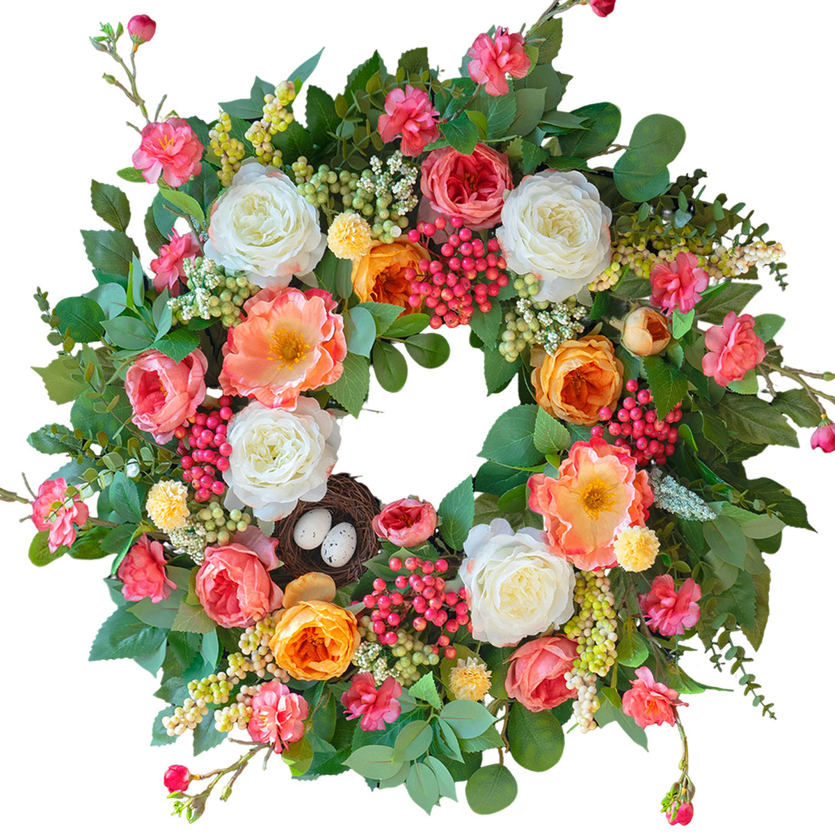 24-inch spring wreath with coral and white roses, eucalyptus greenery and a bird nest