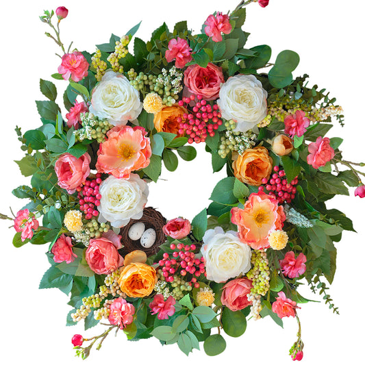 24-inch spring wreath with coral and white roses, eucalyptus greenery and a bird nest