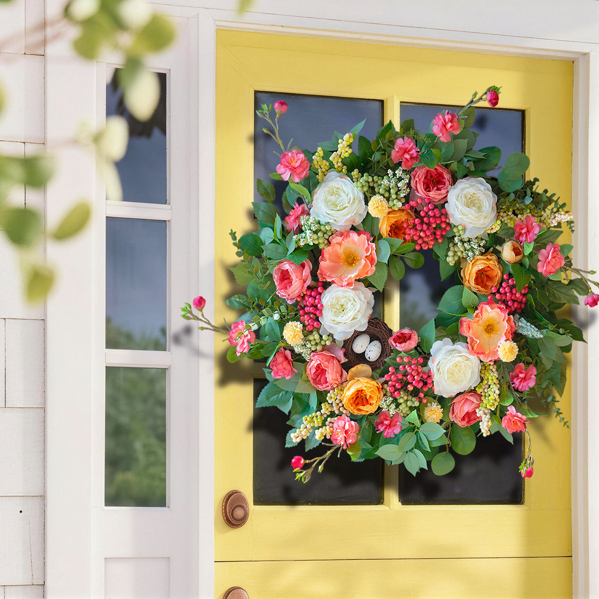 24" Rose & Eucalyptus Spring Wreath with Bird Nest