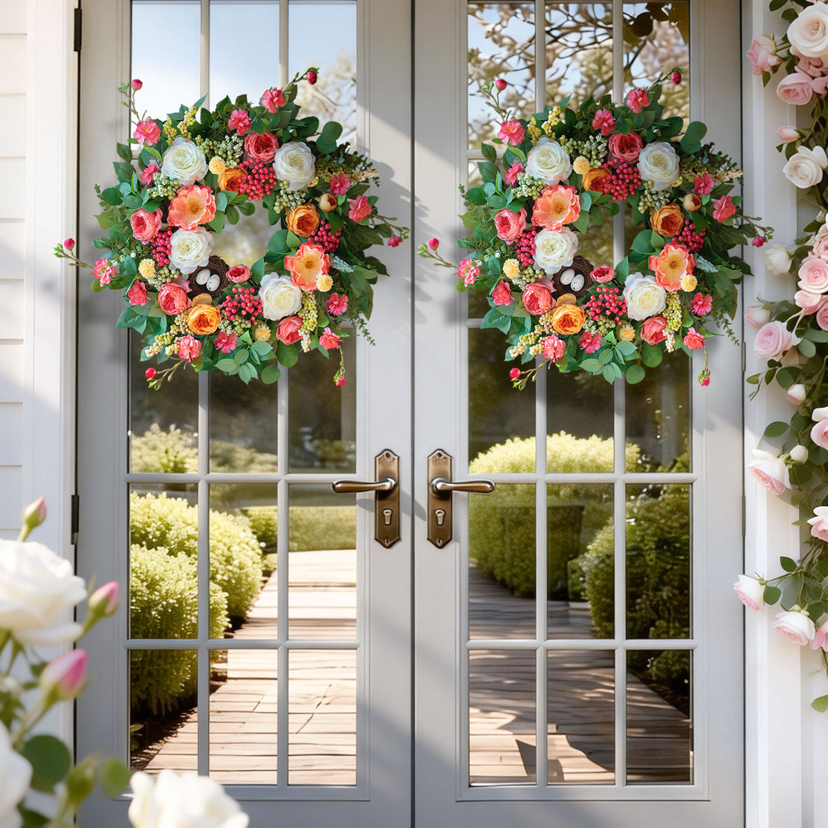 24" Rose & Eucalyptus Spring Wreath with Bird Nest
