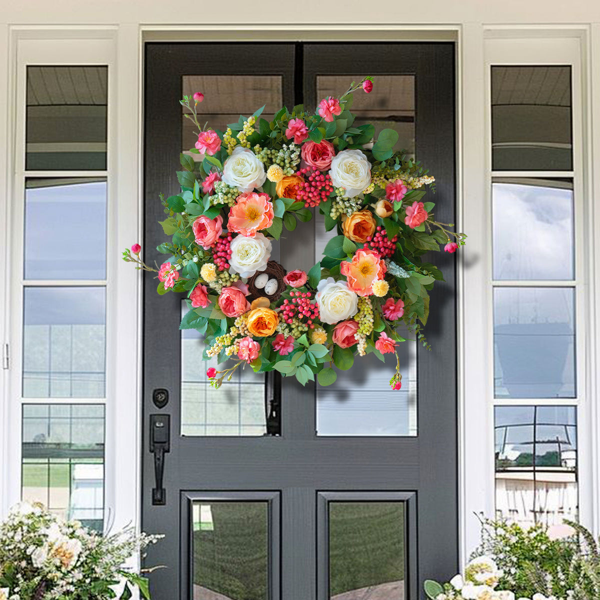 24" Rose & Eucalyptus Spring Wreath with Bird Nest