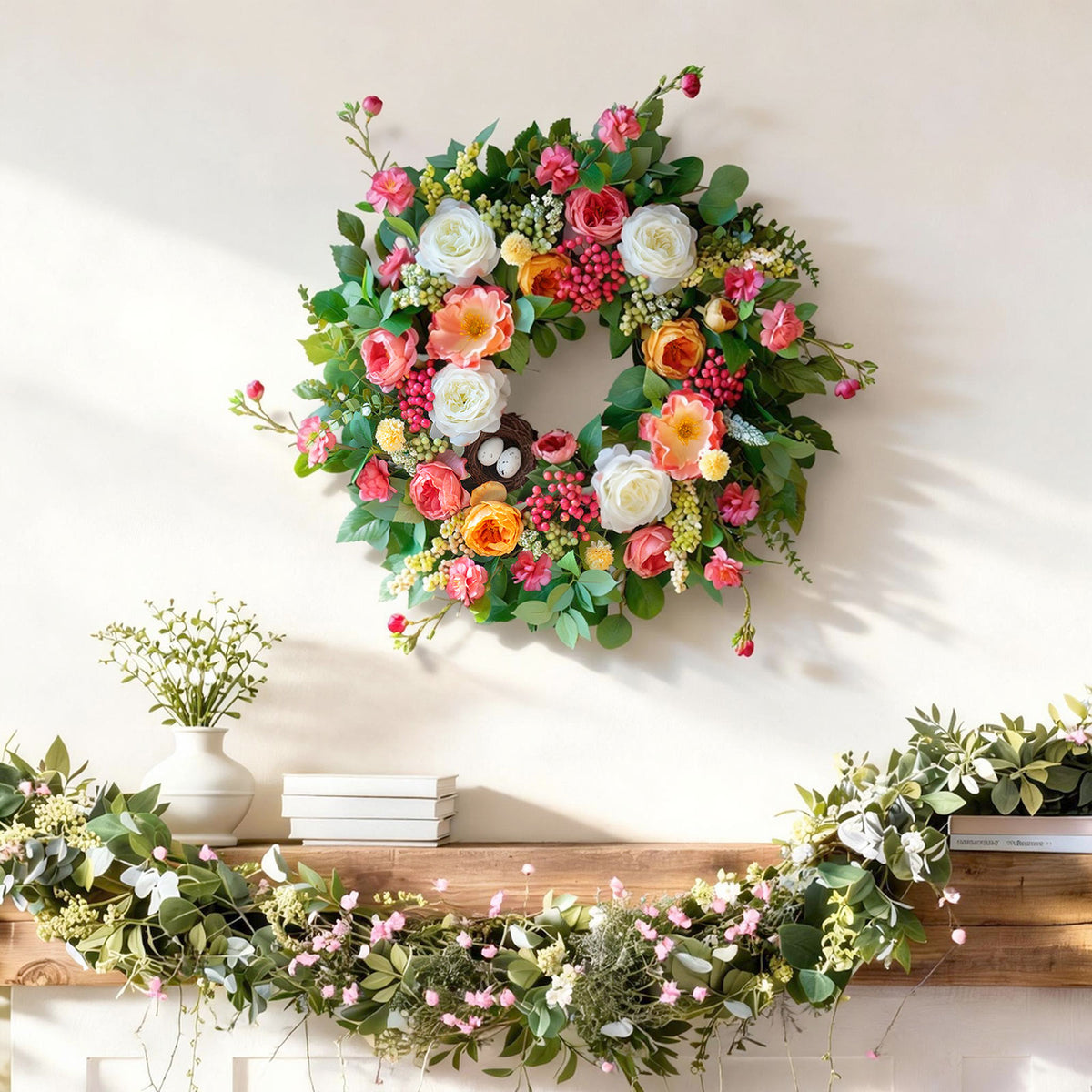 24" Rose & Eucalyptus Spring Wreath with Bird Nest