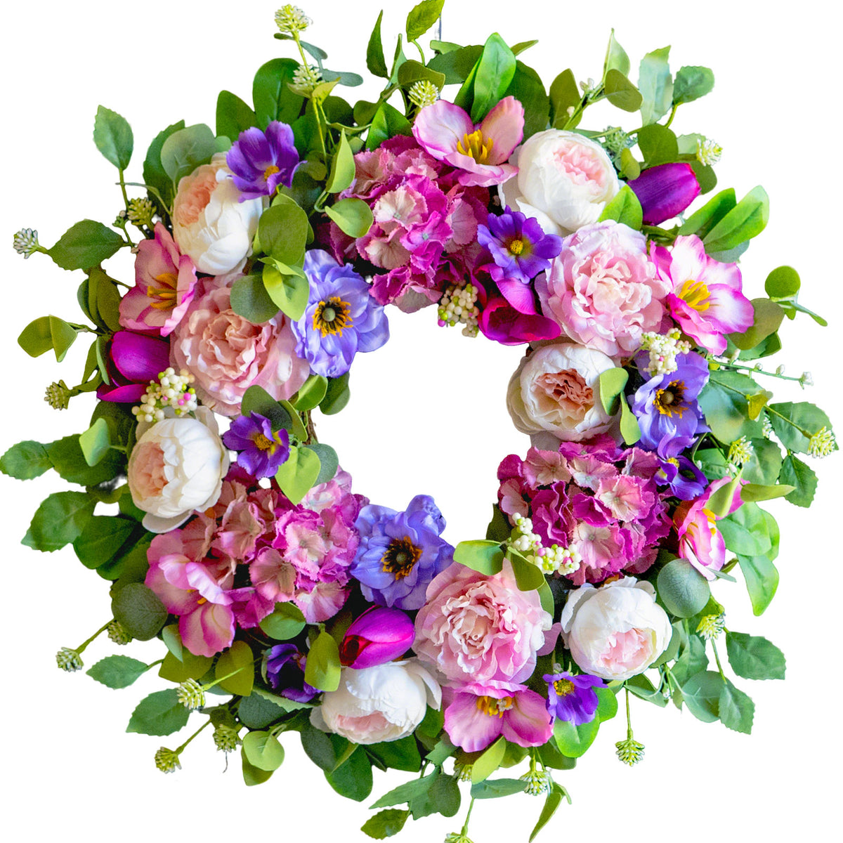 24-inch spring wreath with blush roses, hydrangeas and mixed greenery