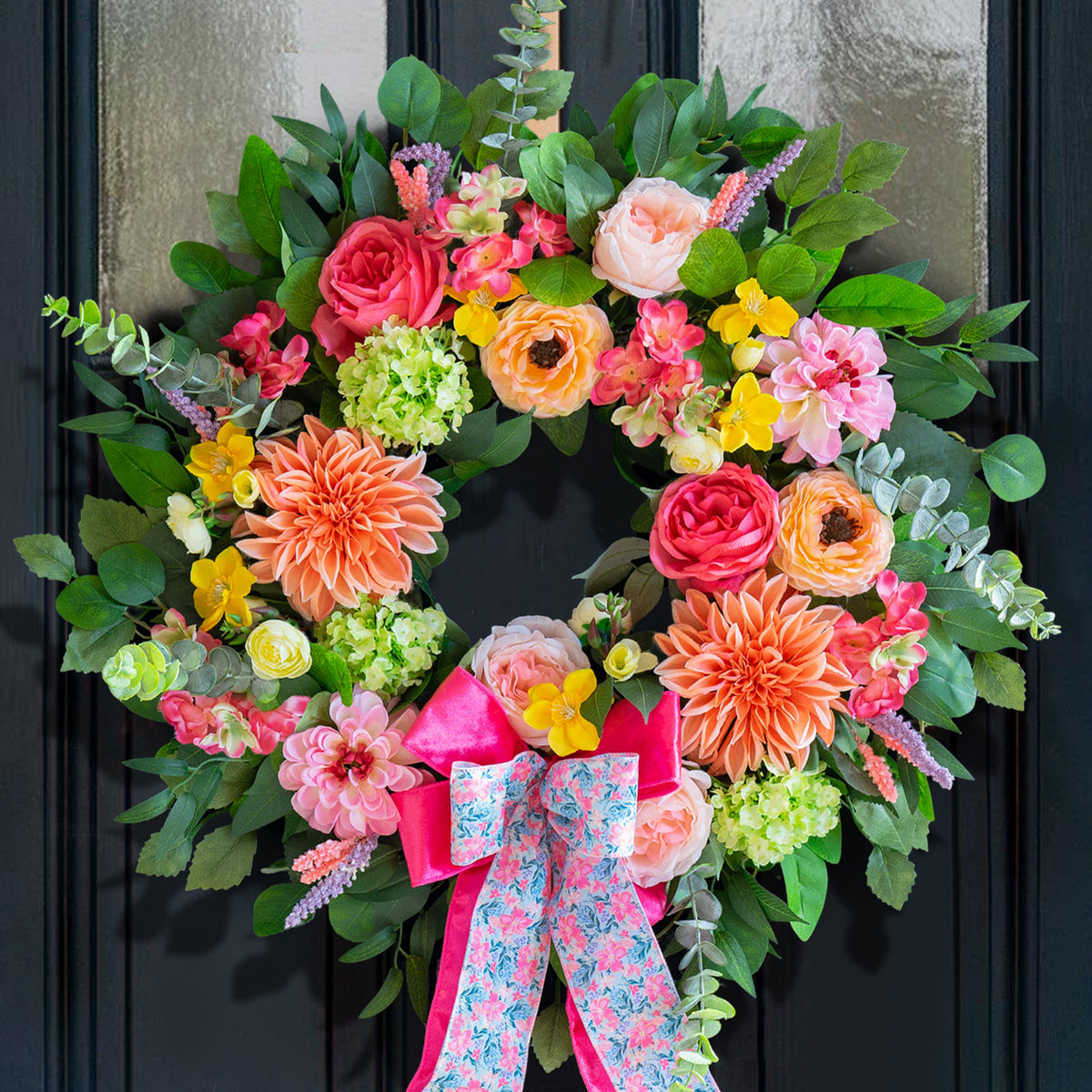 24" Peach Dahlia Spring Wreath with Pink Bow