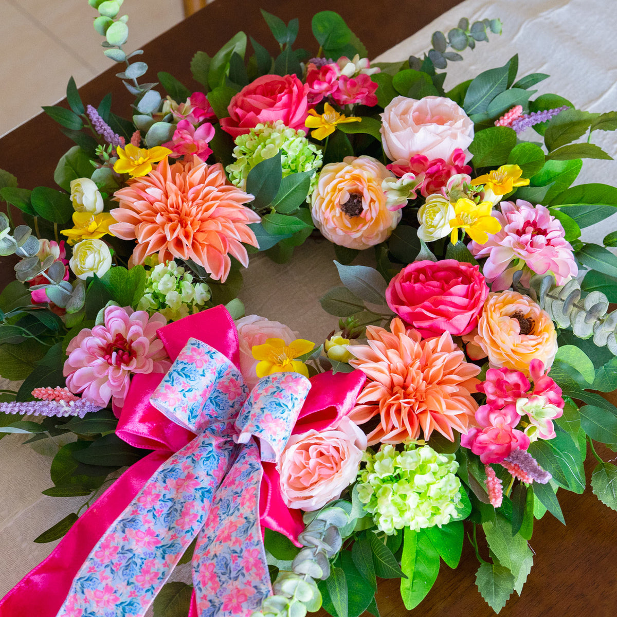 24" Peach Dahlia Spring Wreath with Pink Bow