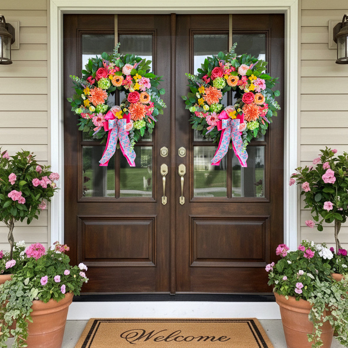 24" Peach Dahlia Spring Wreath with Pink Bow