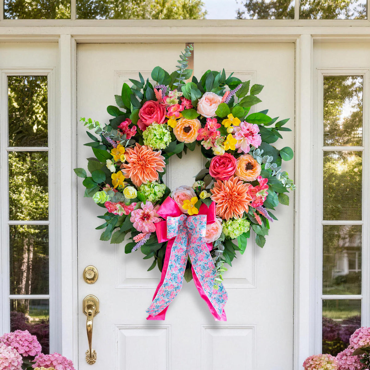 24" Peach Dahlia Spring Wreath with Pink Bow