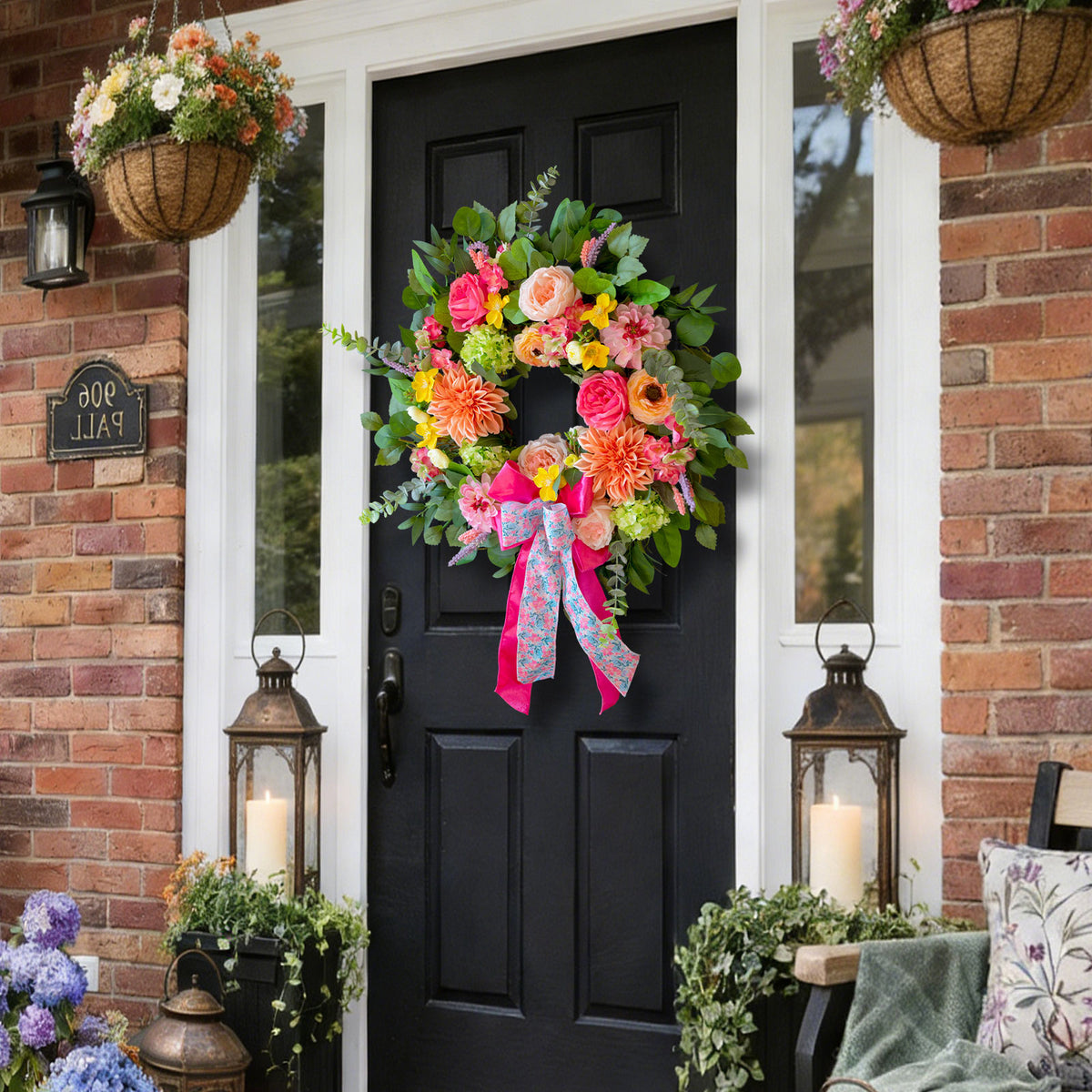 24" Peach Dahlia Spring Wreath with Pink Bow