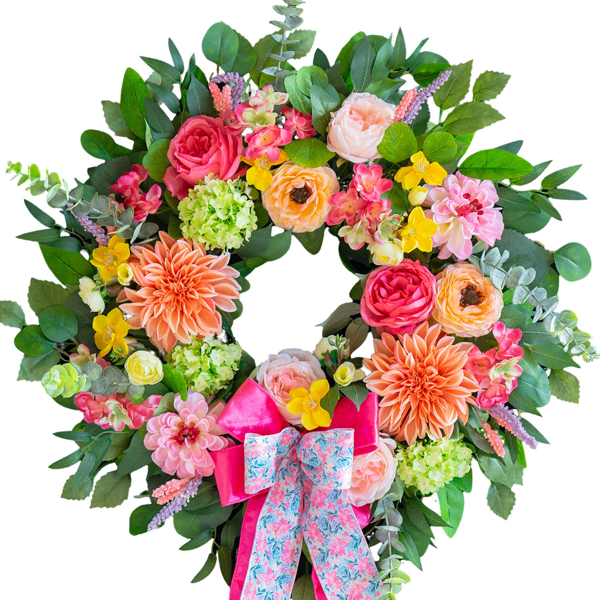 24-inch spring wreath with peach dahlias, greenery and a pink bow