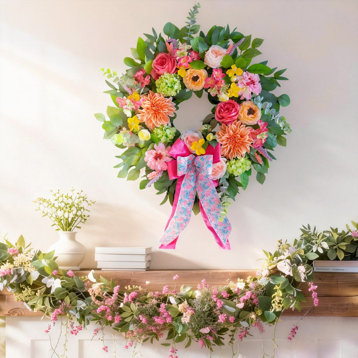 24" Peach Dahlia Spring Wreath with Pink Bow