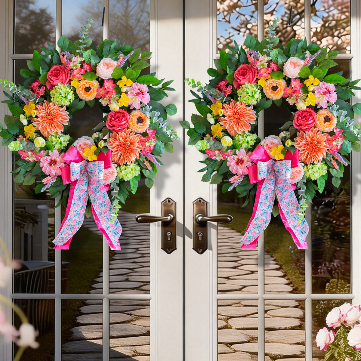 24" Peach Dahlia Spring Wreath with Pink Bow