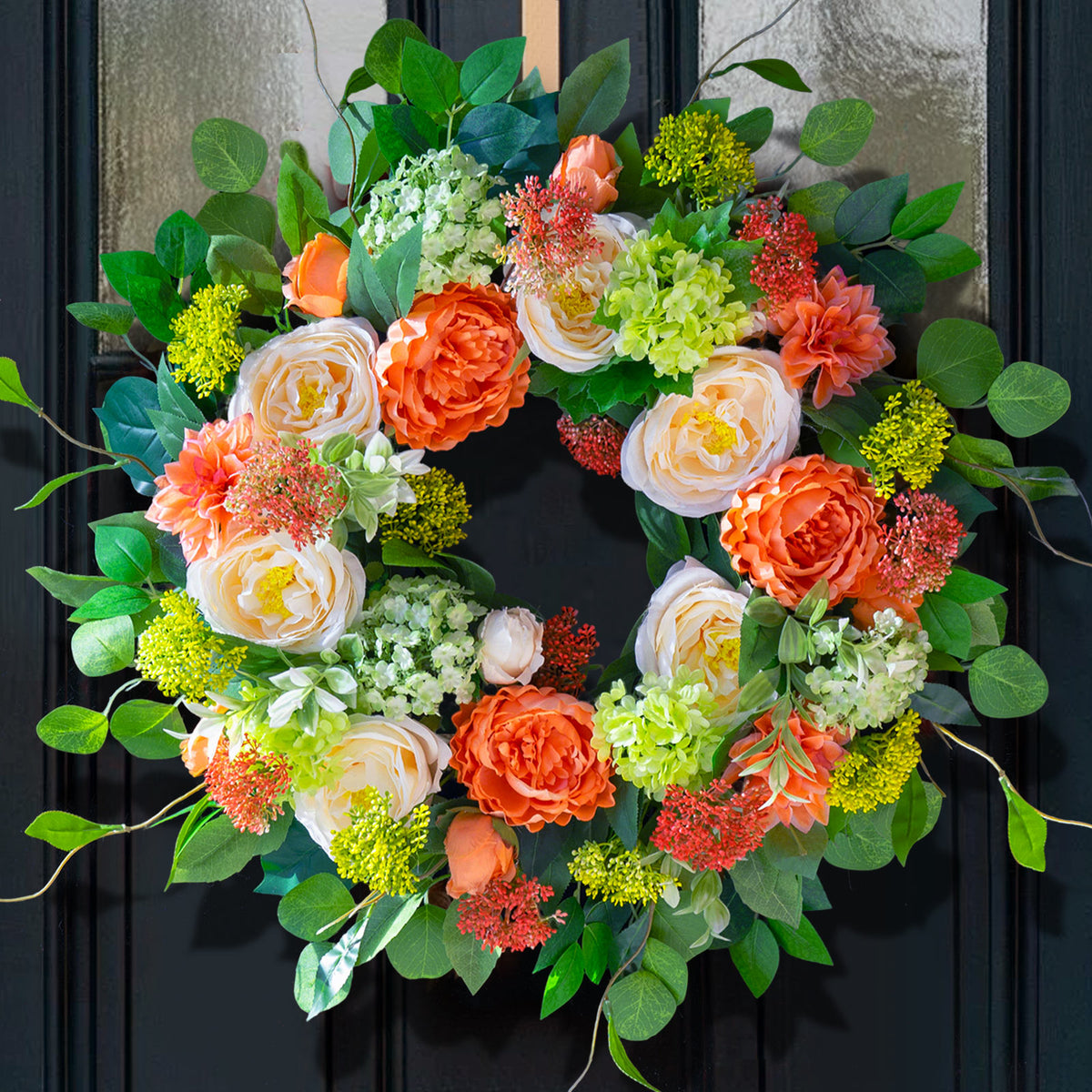 24" Coral Rose, Dahlia & Hydrangea Spring Wreath