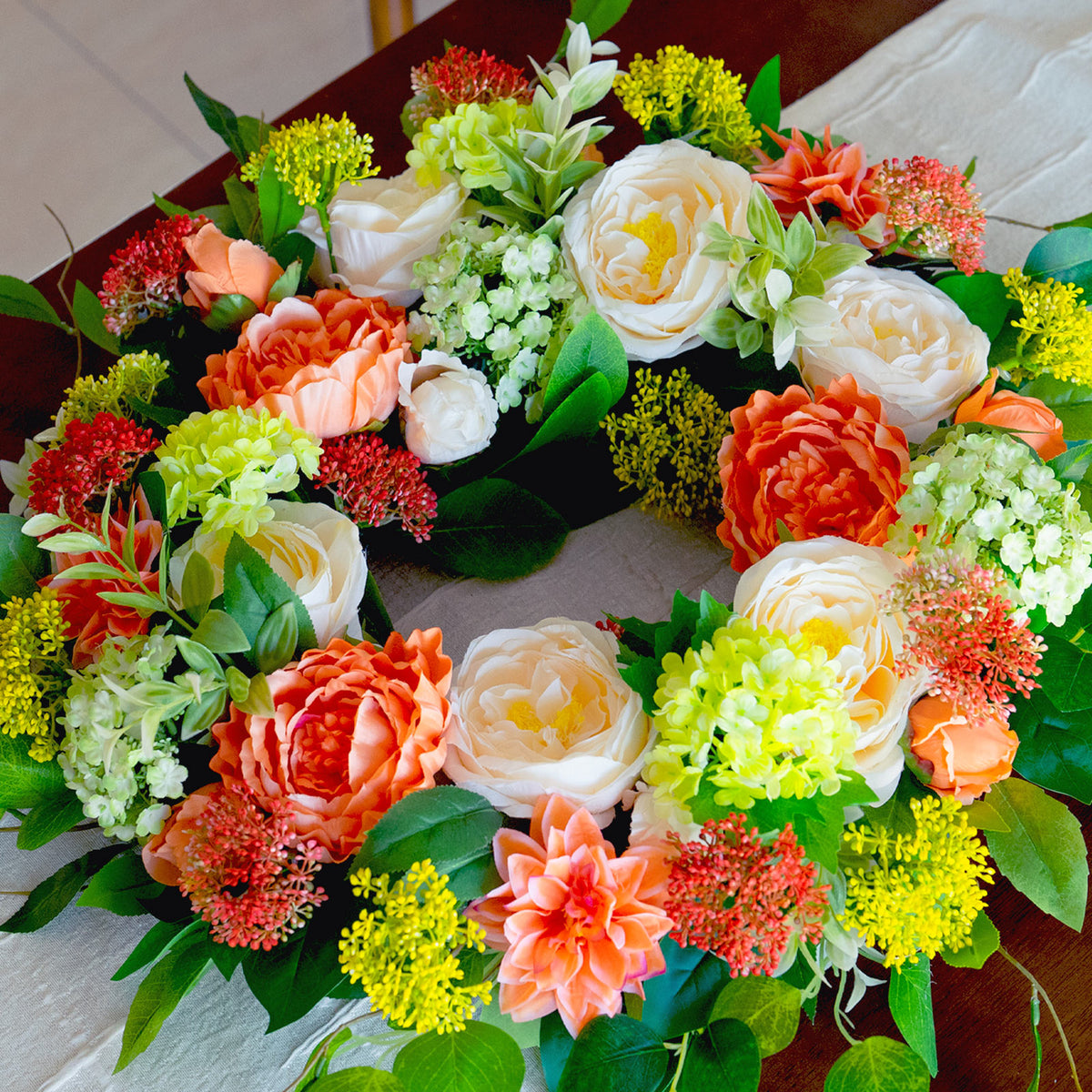 24" Coral Rose, Dahlia & Hydrangea Spring Wreath
