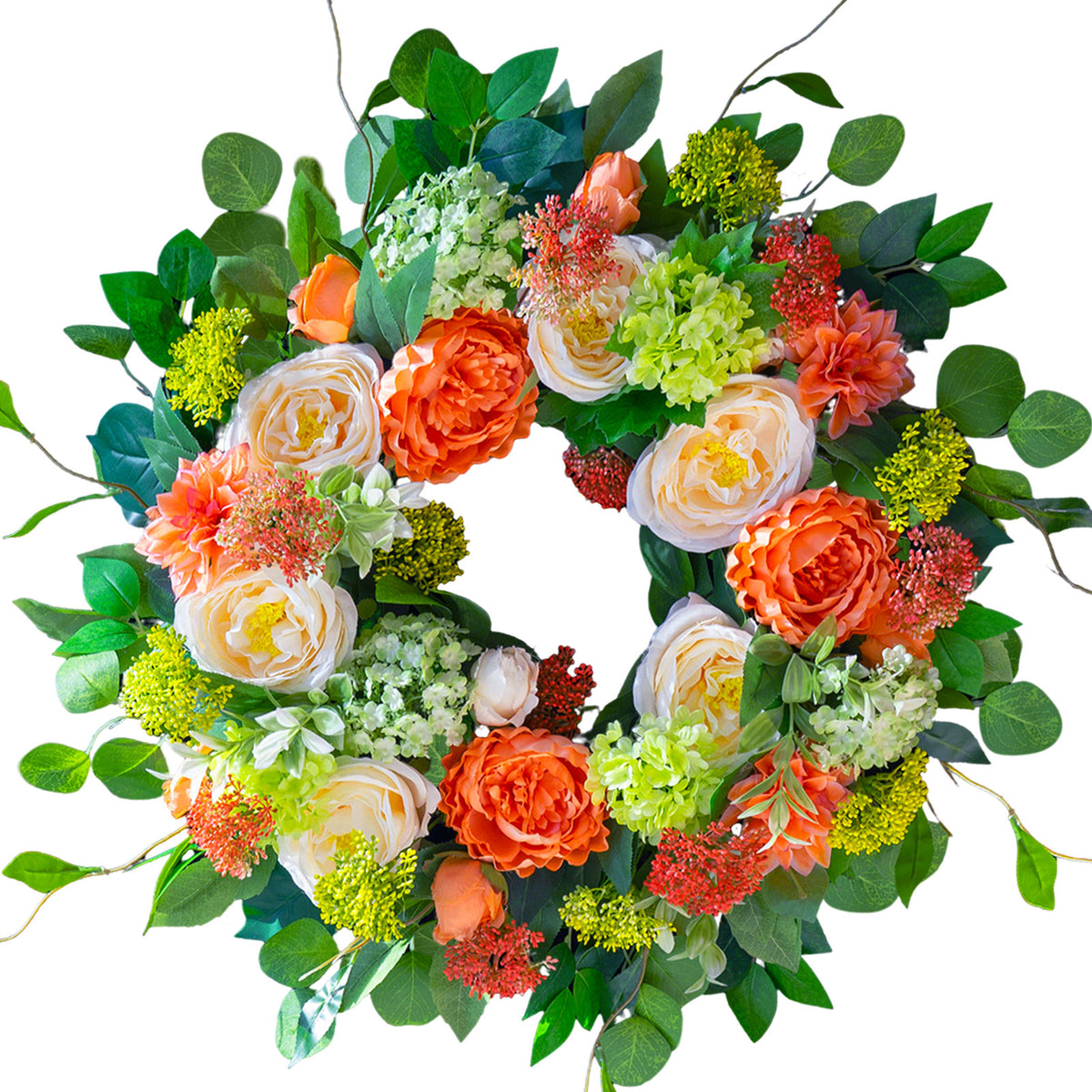 24-inch spring wreath with coral roses, dahlias and hydrangeas