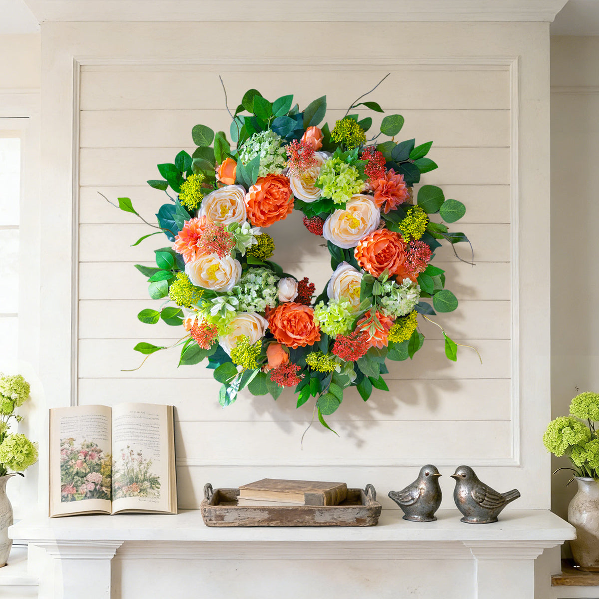 24" Coral Rose, Dahlia & Hydrangea Spring Wreath