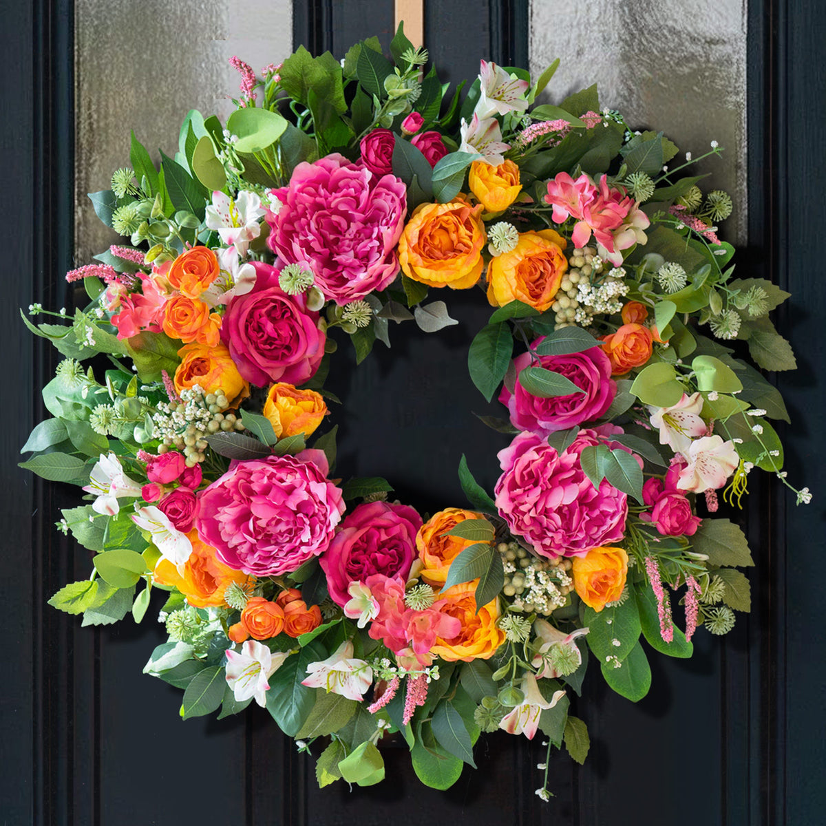24" Pink & Orange Peony Rose Spring Wreath