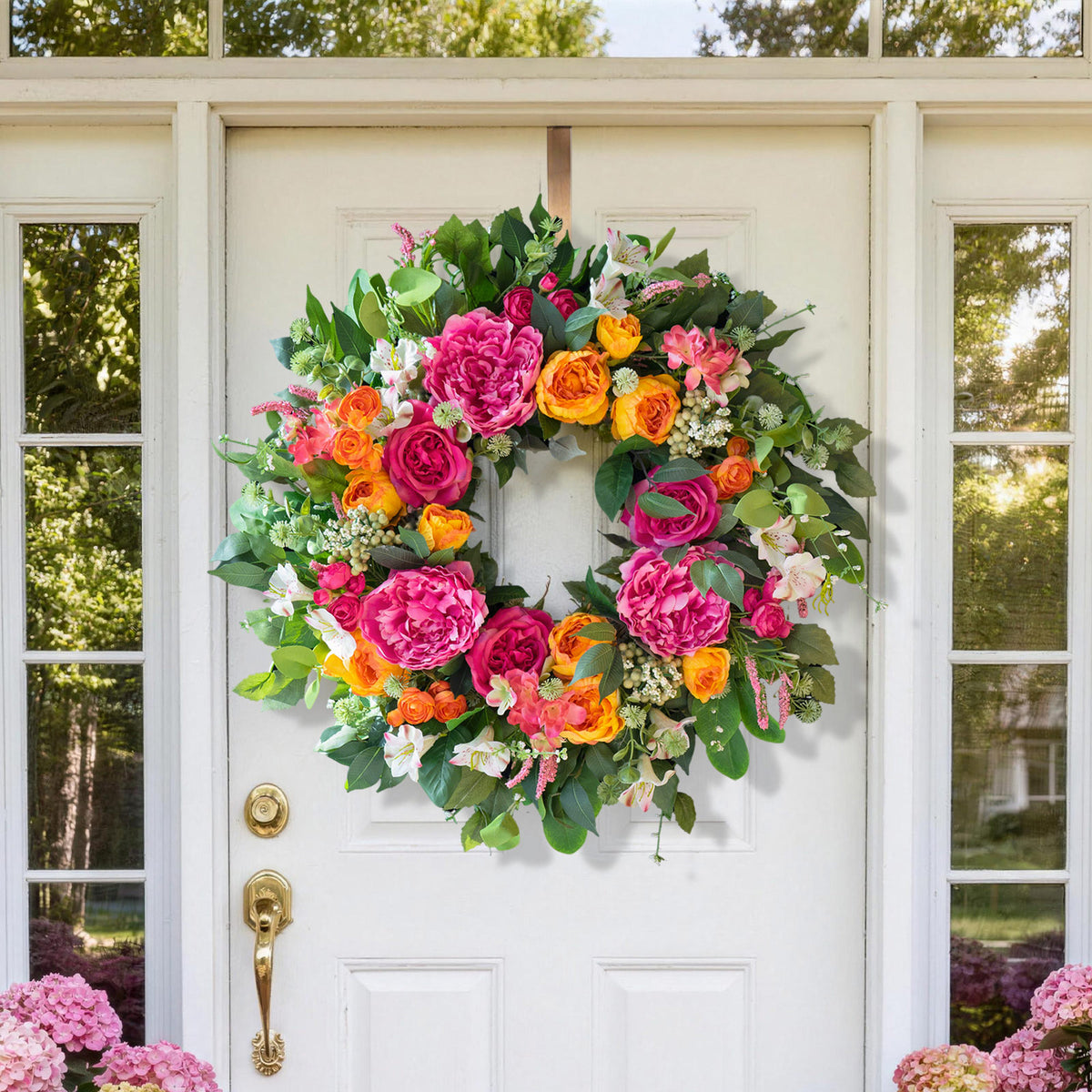 24" Pink & Orange Peony Rose Spring Wreath