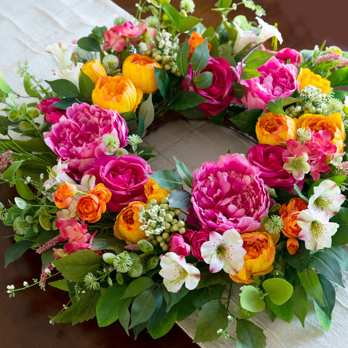 24" Pink & Orange Peony Rose Spring Wreath