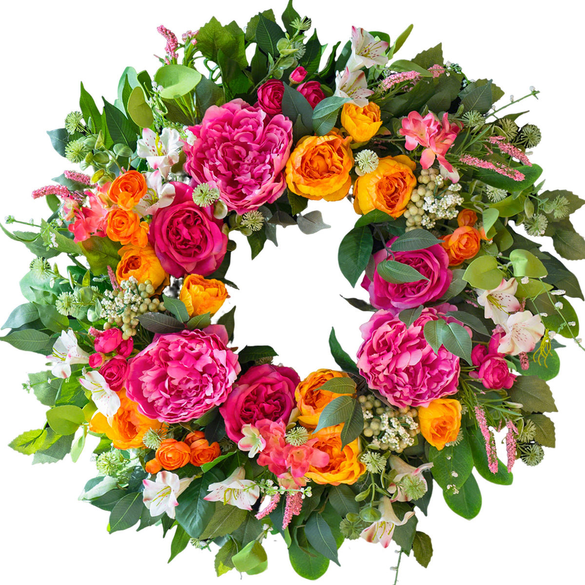 24-inch spring wreath with pink, coral and orange peonies and roses
