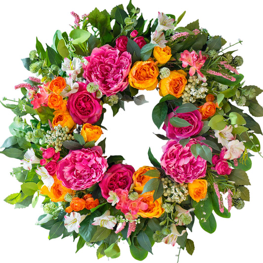 24-inch spring wreath with pink, coral and orange peonies and roses