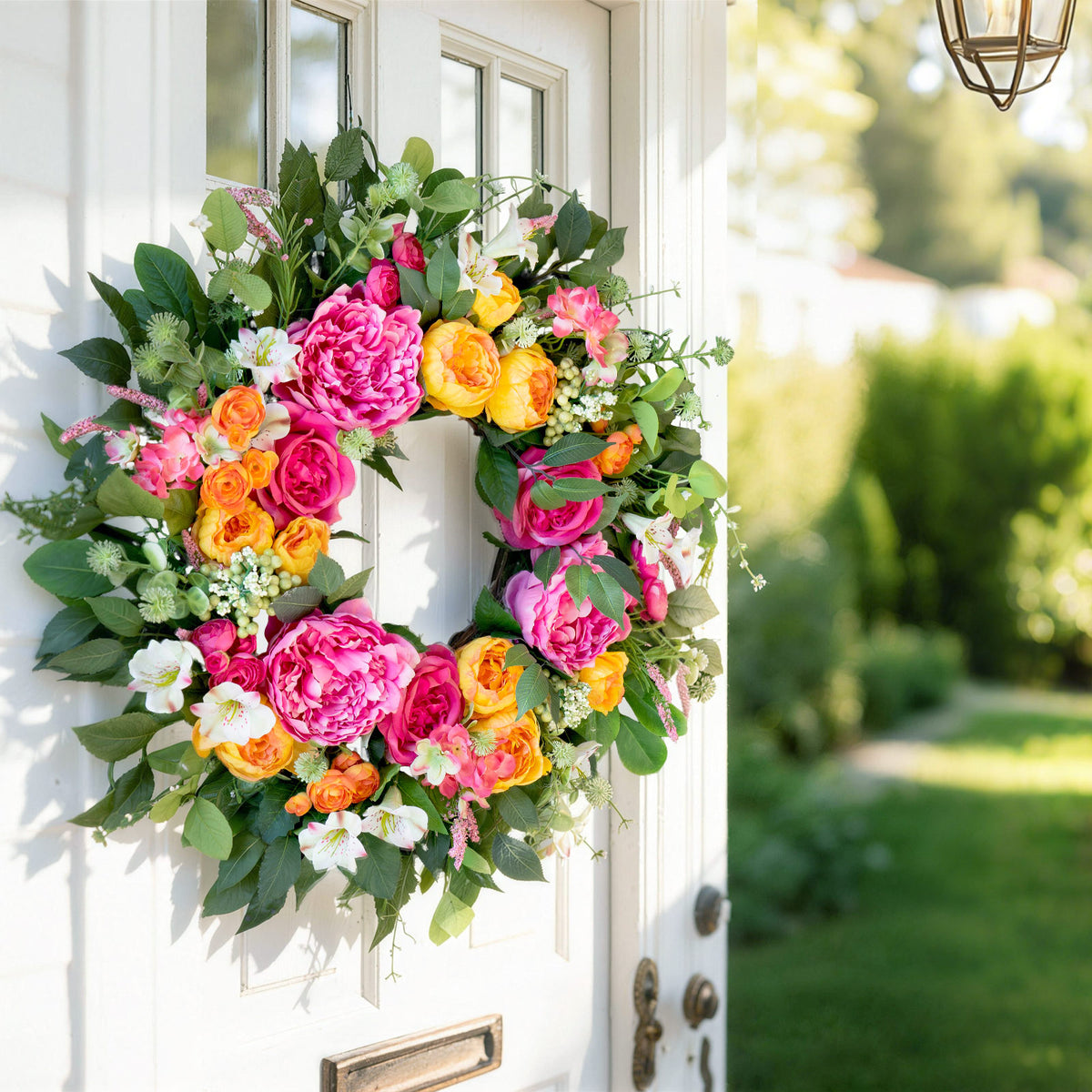 24" Pink & Orange Peony Rose Spring Wreath