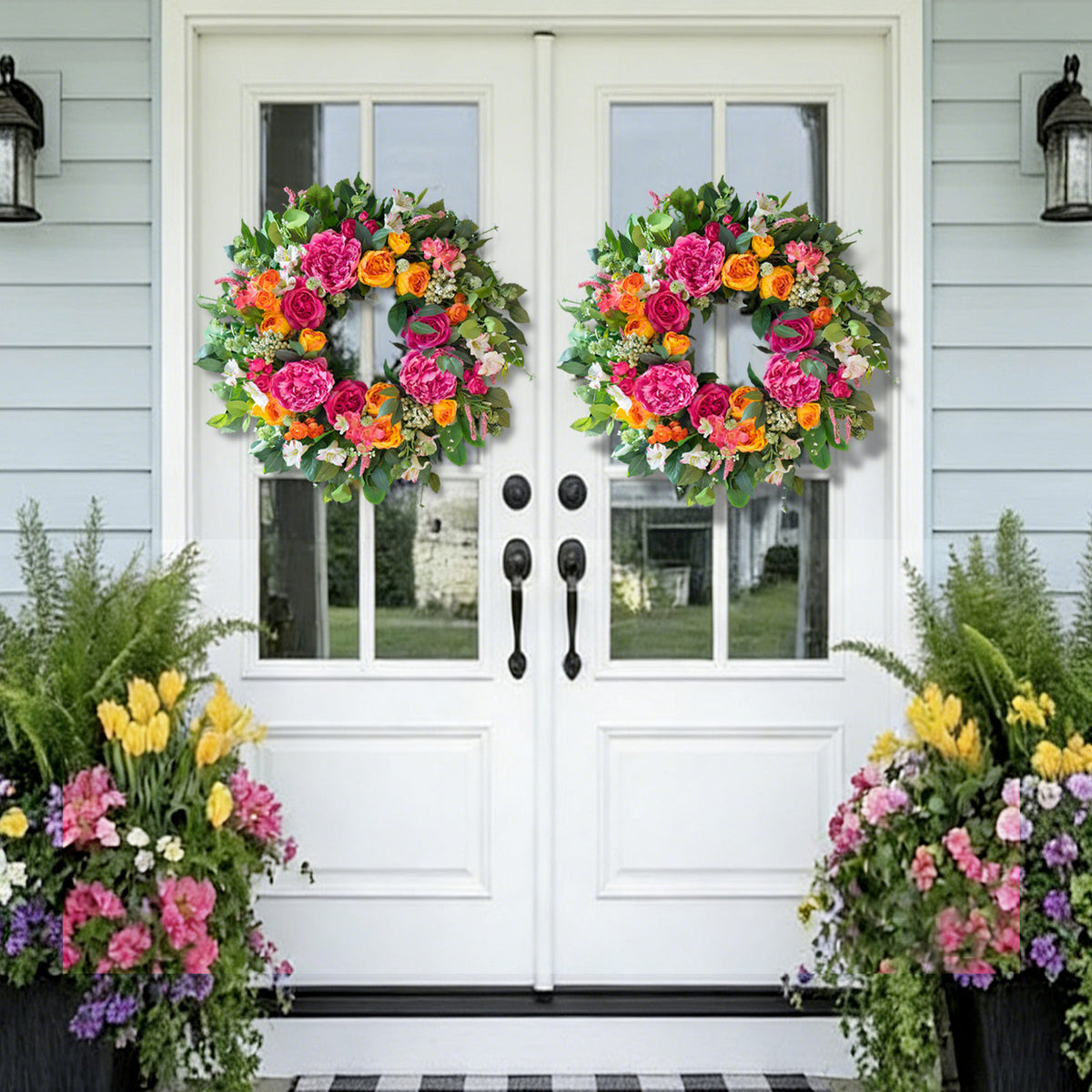 24" Pink & Orange Peony Rose Spring Wreath