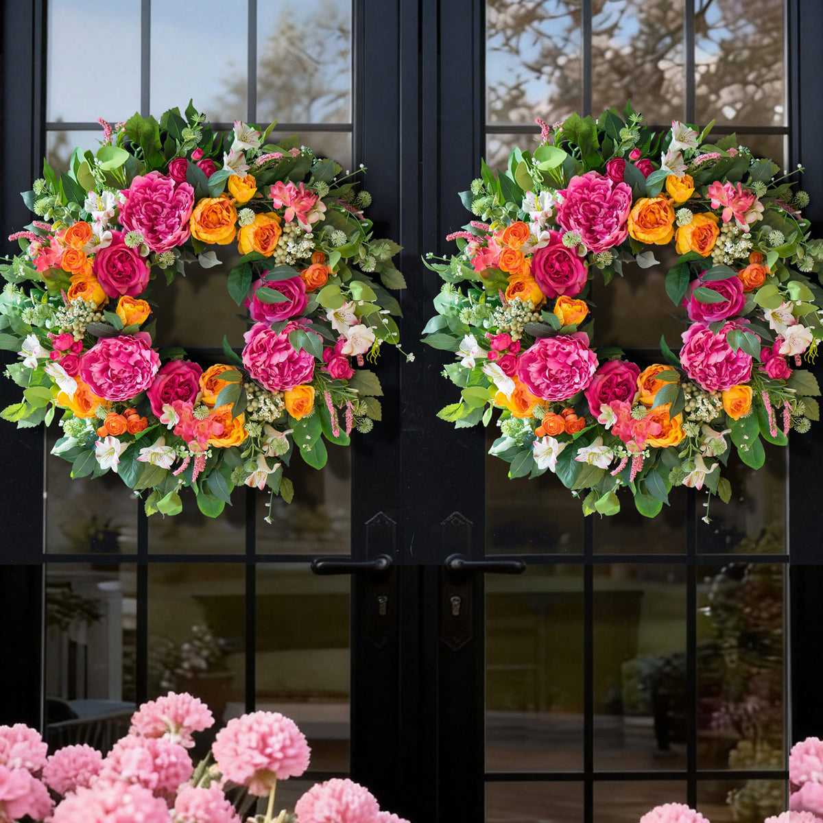 24" Pink & Orange Peony Rose Spring Wreath