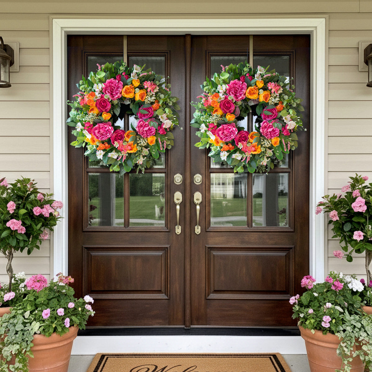 24" Pink & Orange Peony Rose Spring Wreath